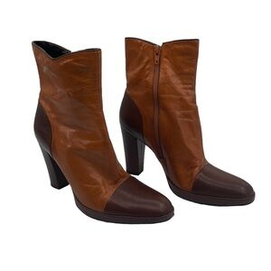 Nine West Karson Two Toned Brown Leather Block Heel Ankle Boots Size 8 Women's